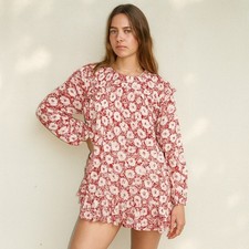 Free People These Dreams Dress Womens Medium Red White Floral Mini Ruffle Trim