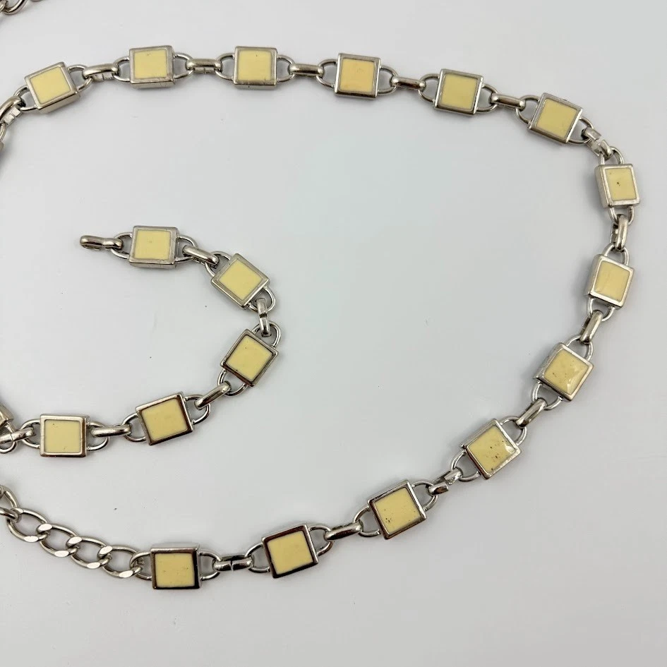 Silver Tone Chain Belt Square Cream Enamel Links Chain Disco Era Vtg 45" Long - Image 3 of 4