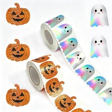 1000Pcs Holographic Ghost Pumpkin Stickers Roll, 1.2 Inch Laser Iridescent Wa...