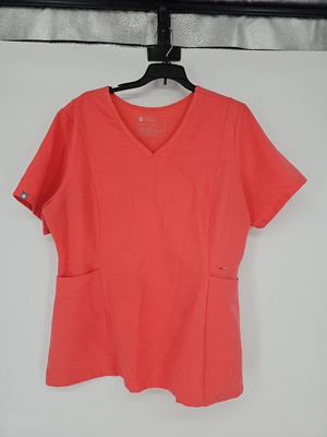 FIGS Amapa Scrub Top Women's L Coral  Shirt Zippered Pockets V Neck Short Sleeve