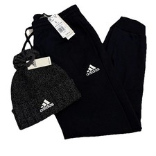 Adidas Mens Black Essentials Fleece Regular Tapered Sweatpants SZ L Beanie Hat