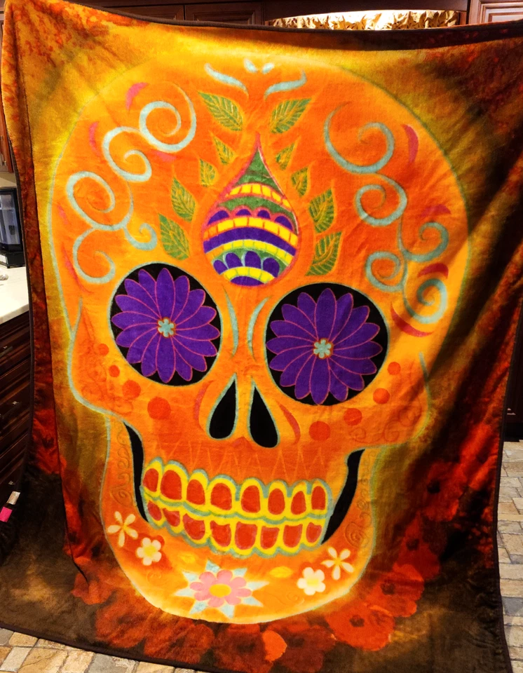 Orange Sugar Skull Queen size 1 ply Super Soft Thick Plush Blanket 79"X94" - Image 3 of 4