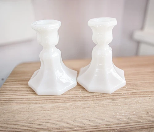 Set of 2  Milk Glass Candleholders Vintage Anchor Hocking Tapered Candlesticks