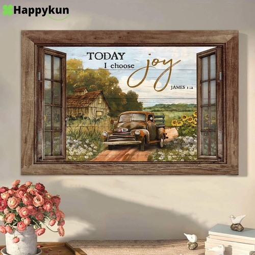 Today I Choose Joy Truck Flower Field Canvas Art - Bible Verse Wall Art - Wal... - Picture 1 of 11