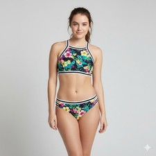 XHILARATION High Neck Halter Bikini Set Black Floral Tropical Print Womens L