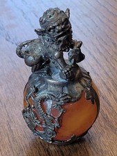 Antique Chinese Silver Snuff Bottle Agate & Silver Foo Dog Dragon Motif Signed