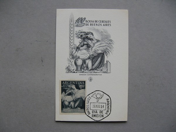 ARGENTINA, maxi tarjeta maxi maxi tarjeta 1954,100 años mercado de valores de cereales Buenos Aires