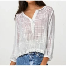 Loft Window Pane Pattern Blouse White Open V-Neck Lon Sleeve Sz XS