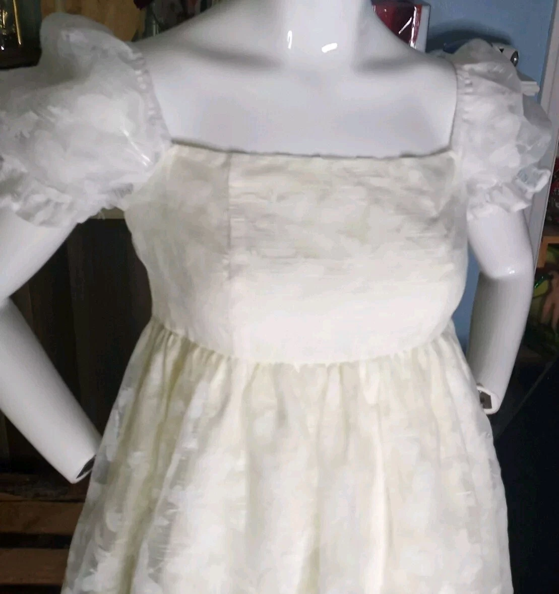 OFF WHITE Abito a farfalla bianco SHEIN Belle collo quadrato manica puff jacquard off