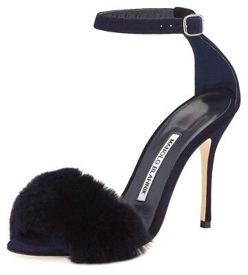 $835 New Manolo Blahnik MINCHA 105 Real Fur NAVY Sandals Shoes 37 37.5 39.5  | eBay