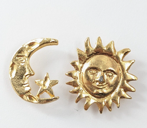 Moon Star Sun Celestial Lot of 2 Gold Tone Enamal Lapel Pins Fashion Jewelry