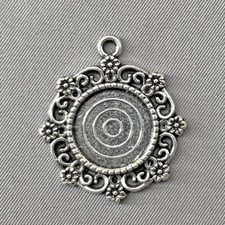 Round Flower Cabochon Setting Pendants 30x26mm Silver Plated Alloy Q10 Per Pkg