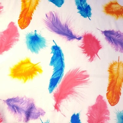 Feather Rainbow White Creppe Chiffon Fabric 56'' By The Yard Watercolor Art Sew