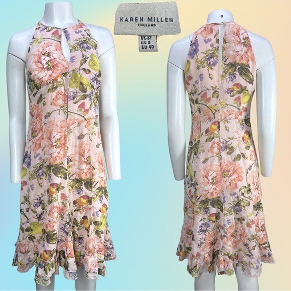【KAREN MILLEN】ビーチ フローラルビーチ スリップドレス Karen Millen London Peach & Light Pink Floral Silk Tea Dress