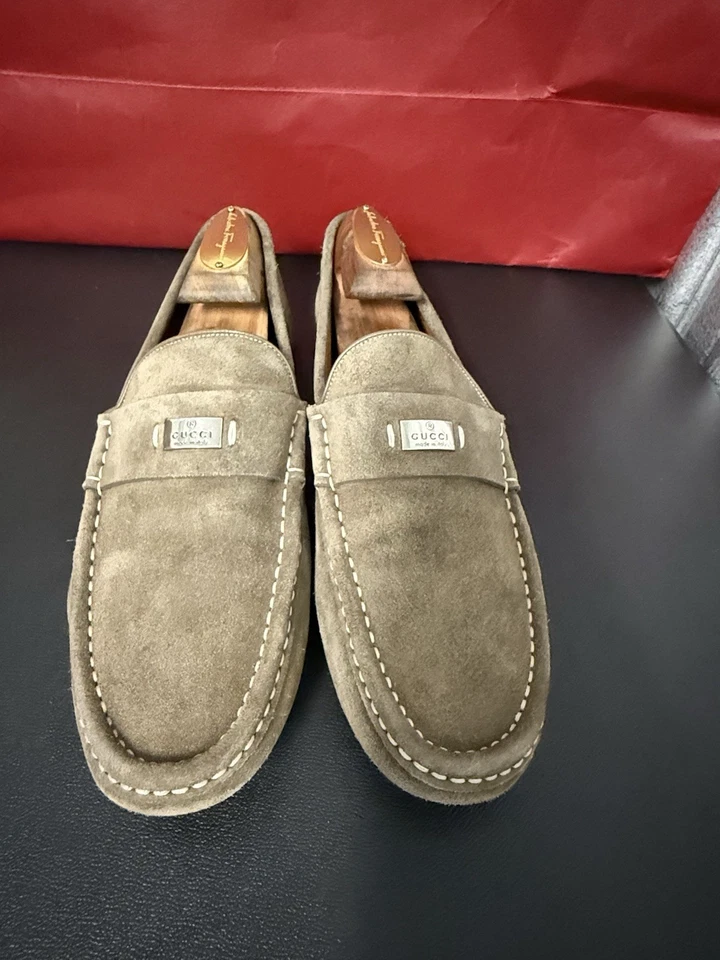 Gucci Zapatos Hombre Beige Gamuza GUCCI BIT PENNY DRIVER MOCASINES US 8 $1140 MSRP Foto 3 de 4