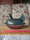 Vtg. Indiana Glass Iridescent Blue Carnival Glass Hen On Nest Pre-owned
