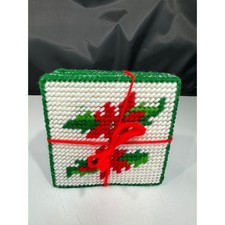 Vintage Needlepoint Christmas Coasters Set of 8 Holly Poinsettia Handmade