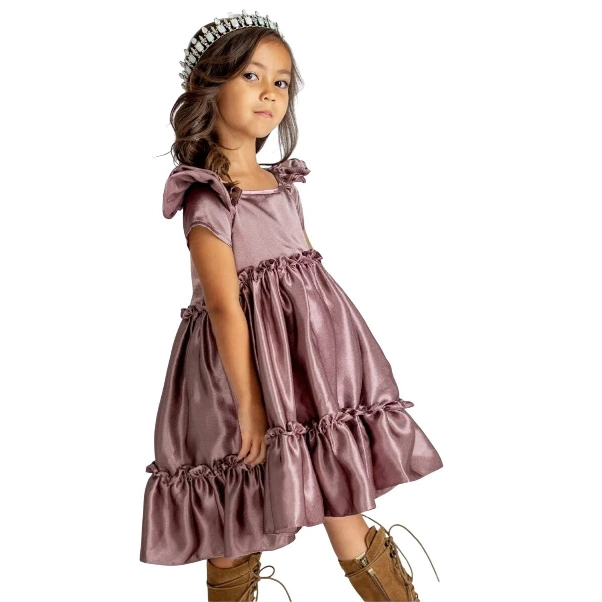Joyfolie Rory Dress Mauve Shimmer Ruffle Sleeve Square Neck Dressy Size 3 NWT