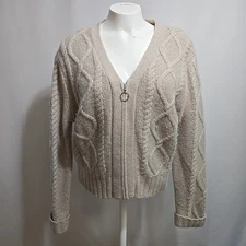 Vintage Croft Barrow Cardigan Sweater Womens M Beige Angora Lambswool Cable Knit