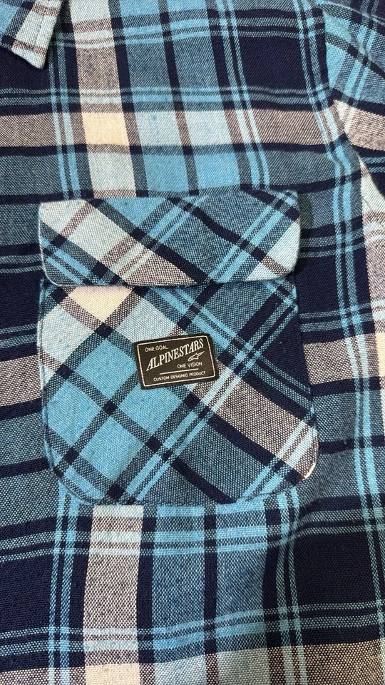 Alpinestars mens XL blue white polyester blend flannel button up casual shirt - Image 3 of 4