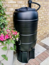 210L Water Butt with Stand & Filler Kit Black Rainwater Barrel Garden