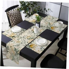 13"x70" Froral Table Runner and Placemats Set of 4, Sunlight Sage Green Leaf 