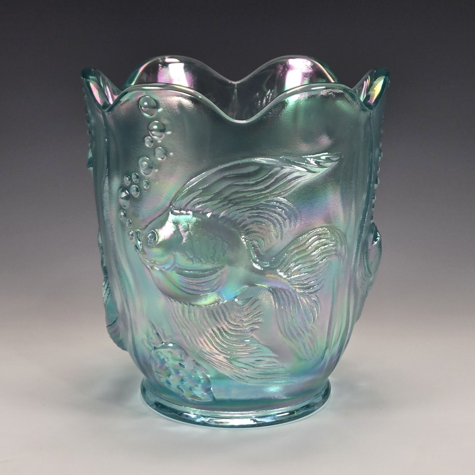 Fenton Atlantis Koi Fish Vase Aquamarine Iridized Carnival Satin 1999 No 5150AC