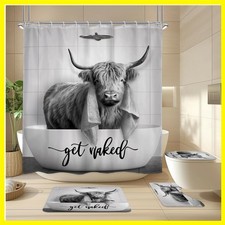 Highland Cow Rustic Bull Animal 4Pcs Bathroom Shower Curtain Set with Rugs  ...
