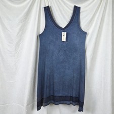 Cable & Gauge Tank Dress Woman Large Blue Wash V Neck Mesh Trim Lagenlook NWT