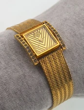 NEW LIFE Ladies Gold Watch Swiss Parts, Chevron Dial, Crystal Sides, Mesh