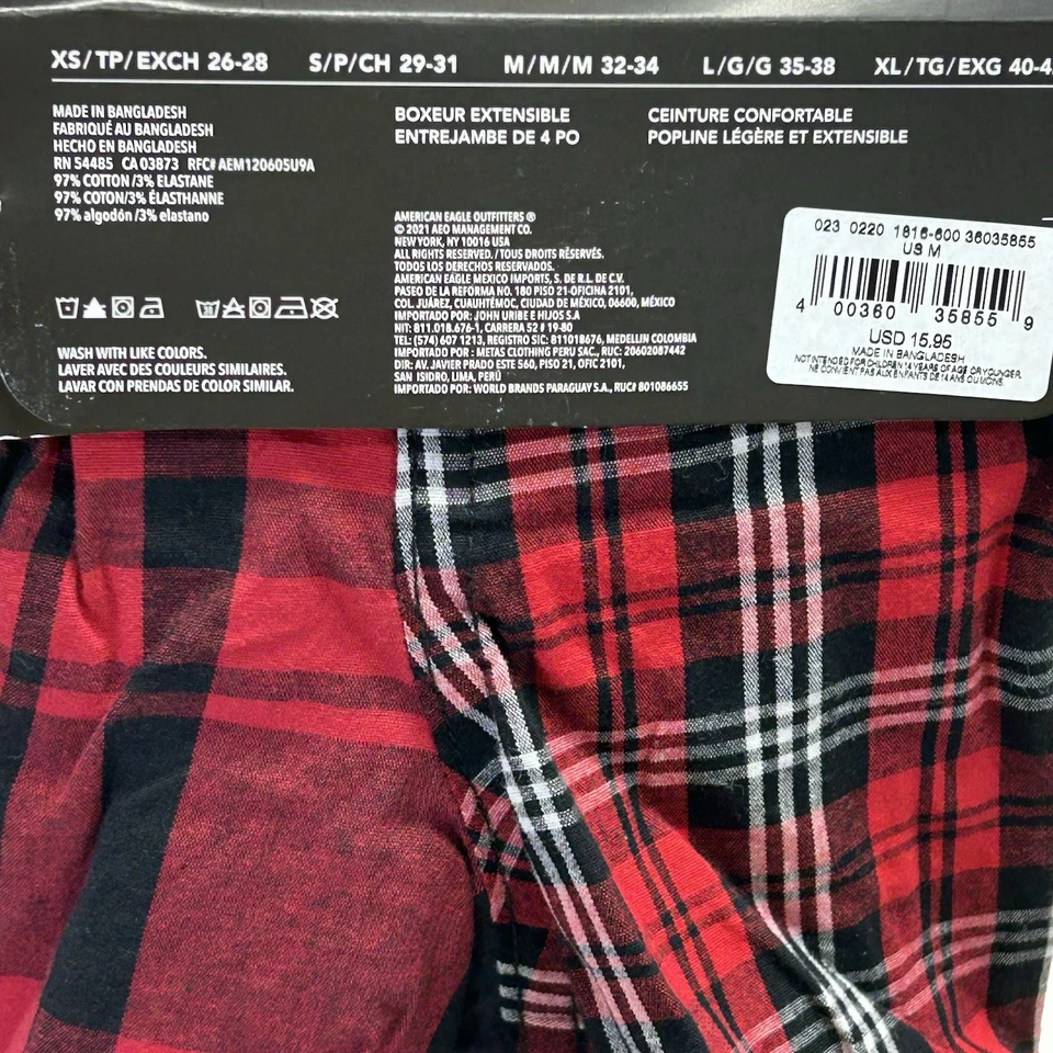 Boxer de popelina elástica American Eagle 4” entrepierna para hombre mediano 32-34 rojo negro a cuadros Foto 4 de 4