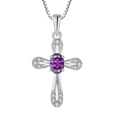 Cross Necklace 925 Sterling Silver Oval 5A Cubic Zirconia Pendant with Februa...