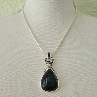 Napier Pendant Necklace Silver tone Black Teardrop Dome Jewelry 18-20'' Signed