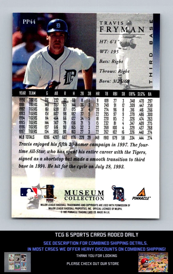 1998 Pinnacle #PP44 Travis Fryman Museum Collection Detroit Tigers - Image 2 of 2