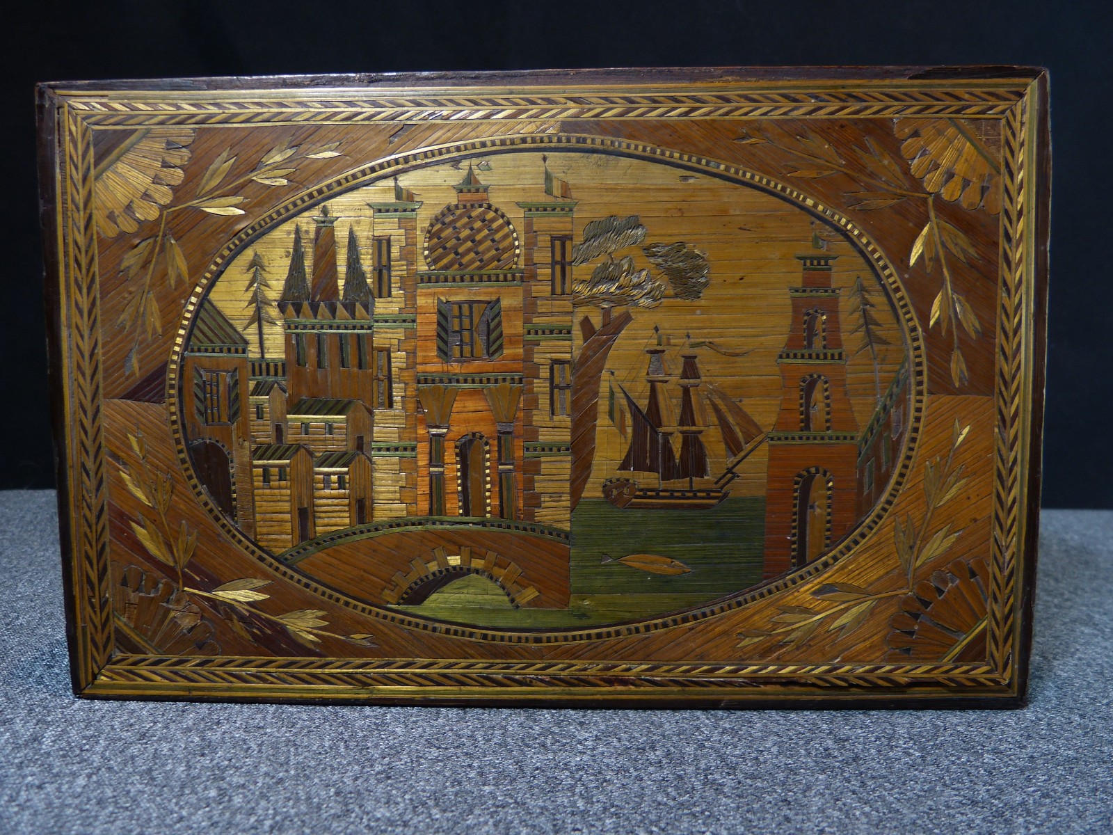 Antique 19th Century 19th Century Straw Marquetry Sewing Box Necessary Box