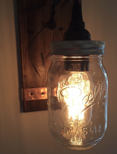 Rustic wall sconce light with mason jar and pulley. Steampunk farmhouse style - Picture 6 of 11