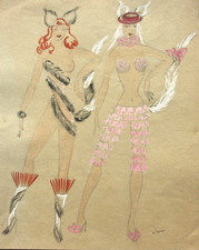 Design for Two Erotic Revue Costumes, Watercolor, Monogrammed "Jo", 1950/60