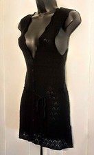 Frenchi Sweater Vest Size Runs Small Black Lacy Stretch Button Front Tie Belt