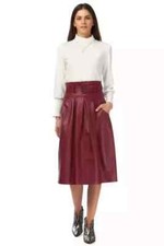 Women's Burgundy Belted Pocket Casual Party Real Lambskin Leather Designer Skirt