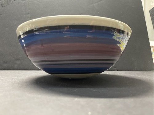 Round Glazed Pottery Serving Bowl 10” Blue Purple Black Swirl Half Dome - Picture 10 of 11