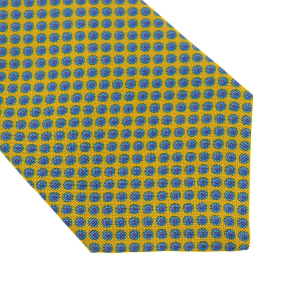 Corbata Kiton nueva sin etiquetas 100 % seda siete pliegues en amarillo con mini círculos azules/rosa Foto 2 de 4