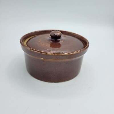 VTG Pearsons of Chesterfield 1810 Pottery Crock with Lid 3.75  Tall Brown Tan