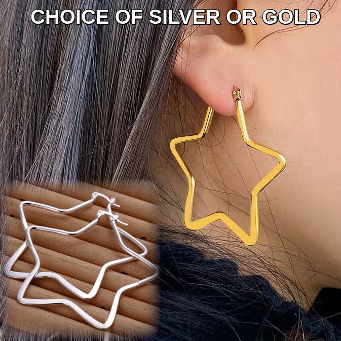 24K Gold or Silver Stainless Steel Star Hoop Earrings 5.5 cm with Pouch-image