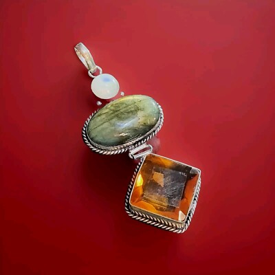 Labradorit, Citrin & Mondstein 925Silber MultiGem Anhänger. Atemberaubend. Große 3798
