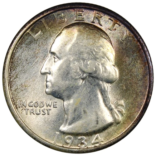 1934-P Washington Quarter AU+ Almost UNC Details Rainbow Rim Toned A1661