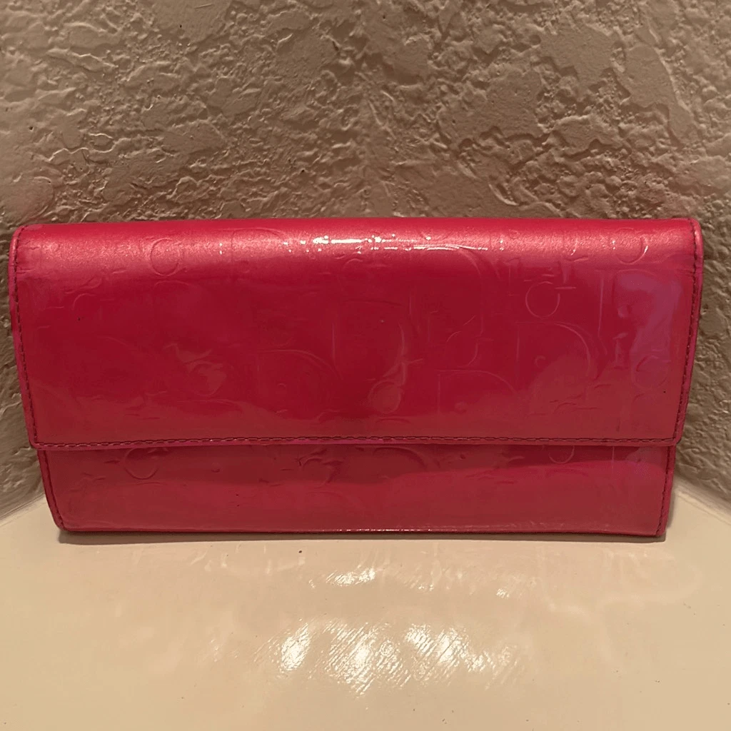 Dior Women's Ultimate Continental Long Wallet Red Patent Logo Embossed Trendy