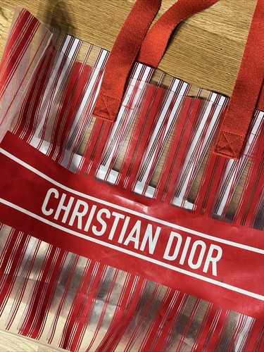 Christian Dior trasparent red stripes Shopping Bag Rare Glam Designer Beach Y2K - Picture 4 of 8