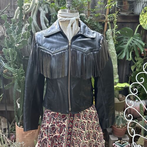 Vintage Womens Leather Black Motorcycle Fringe Ja… - image 1