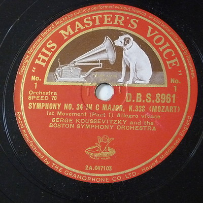 78rpm 12'' MOZART k.388 symphony 34 , mvmnt 1 only , single side Koussevitsky