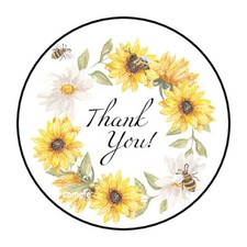 30 THANK YOU ENVELOPE SEALS LABELS STICKERS 1.5" ROUND SUNFLOWERS BUMBLE BEES